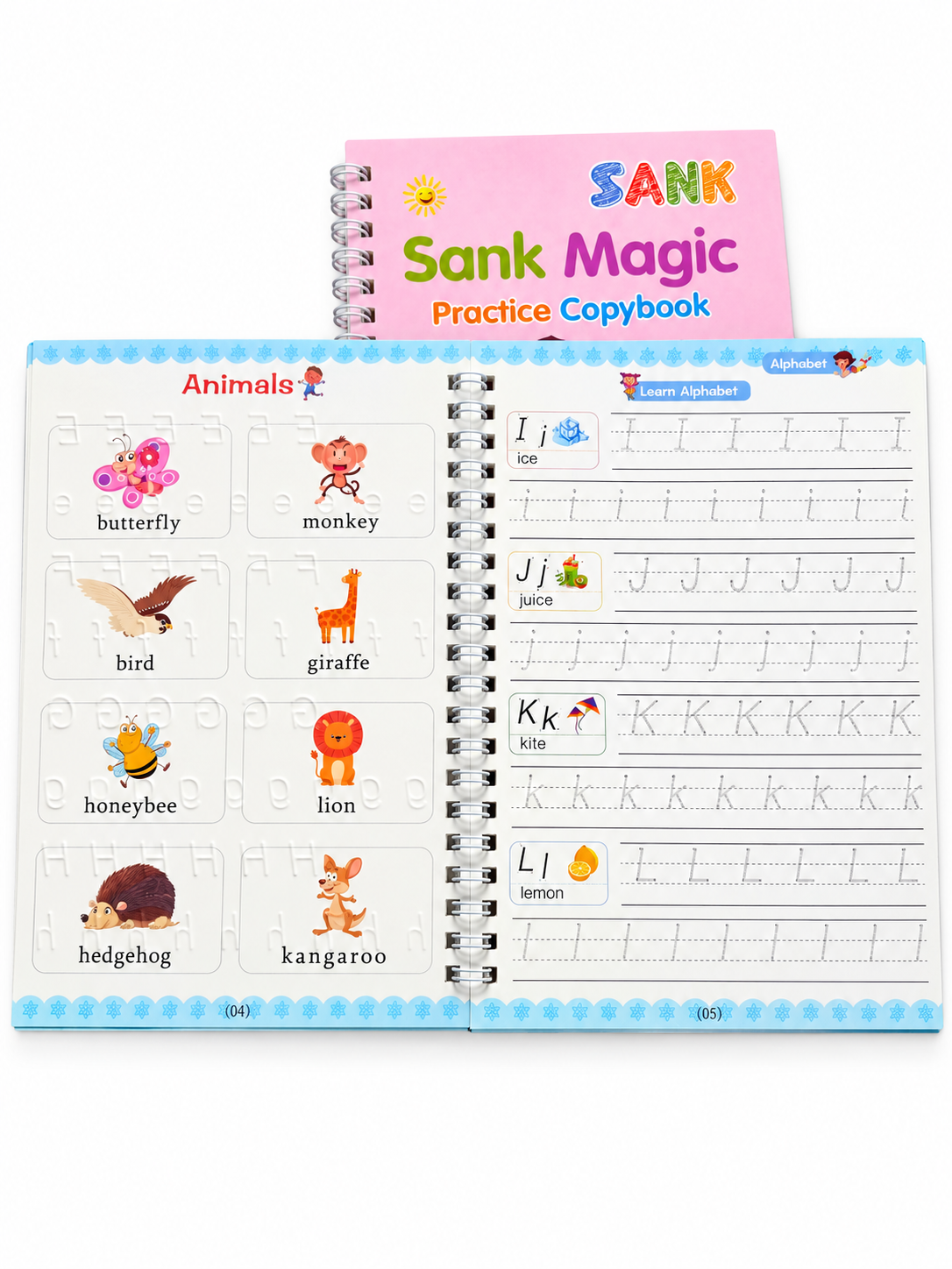 Open English workbook showing animal picture practice and alphabet tracing