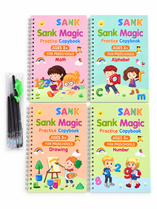 English edition: four spiral preschool practice books and reusable pen accessories on a white background