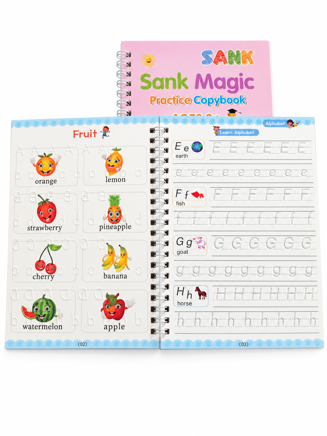 English workbook opened to fruit vocabulary and guided letter tracing on a white background