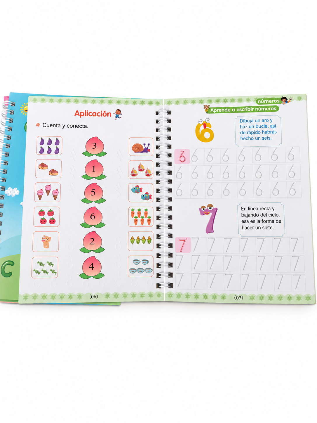 Open Spanish workbook showing number counting and tracing practice