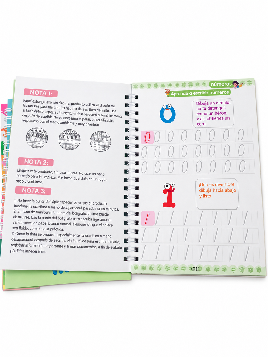 Open Spanish workbook with number tracing and printed instructions