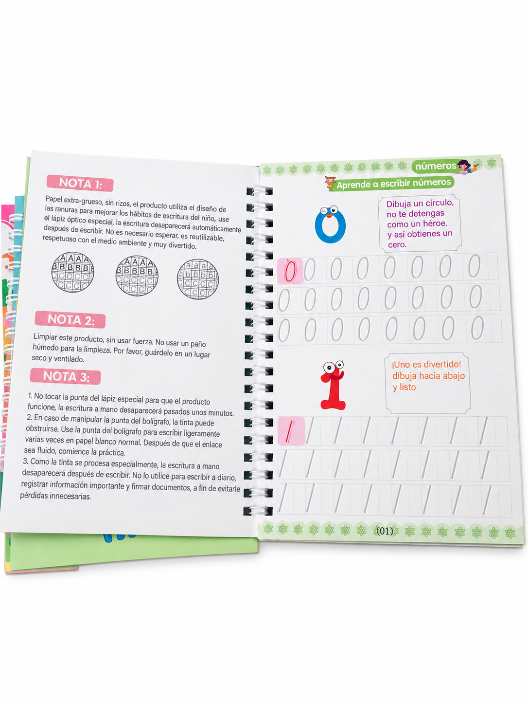 Open Spanish workbook with number tracing and printed instructions